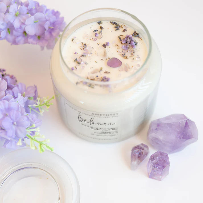 This is the perfect candle for bringing balance and harmony to any living space with its warm, sensual aroma. Topped with Amethyst crystals and wild lavender.
BALANCE | AMETHYST
Relaxation | Protection | Intuition
Jasmine, Coconut, Patchouli, Amber, Tonka Bean, Vanilla, Musk
Natural soy wax and essentials oil blend
100 + hours of burning time