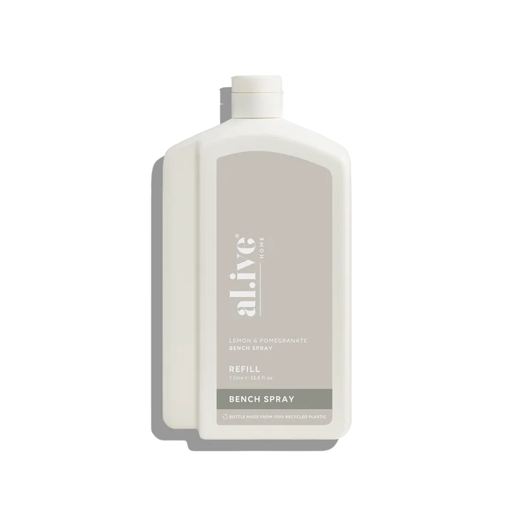Refill your Lemon & Pomegranate Kitchen Bench Spray bottle with our 1 L Kitchen Bench Spray Refill. This sustainable refill solution is designed to reduce waste and offer a practical, eco-friendly way to top up your favourite al.ive body essential.