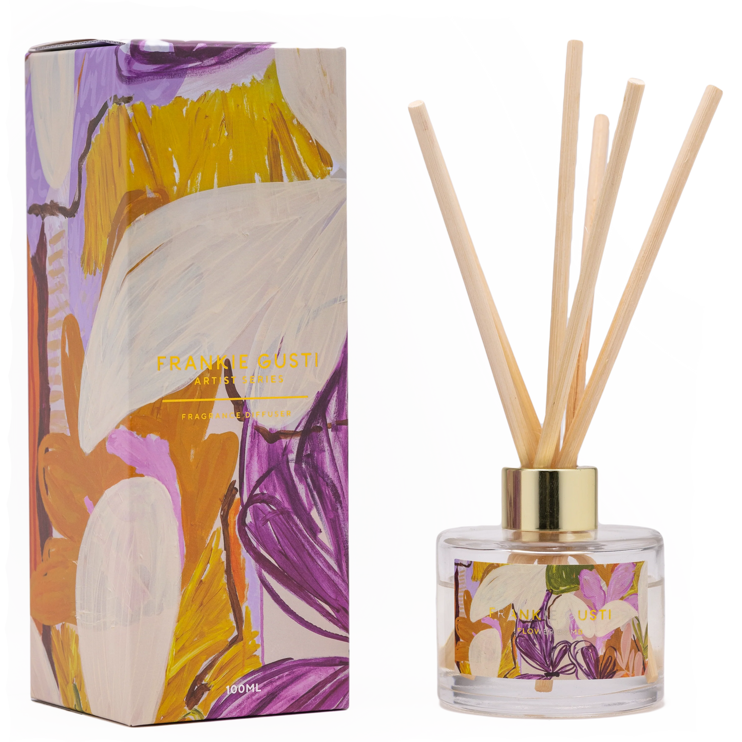 A magic garden of jasmine, ylang ylang + huckleberry, with fresh bursts of lemon + bergamot, finished with creamy sandalwood, tonka bean, madagascan vanilla, and sweet amber.
Coastal artist Kate Mayes is known for her bold application of colour and contrasting techniques that swing between the use of thick structured paints and watery washes. Inspired by her natural surrounds and guided by intuition - Kate’s paintings evolve over weeks of layering and experimentation in her Torquay base