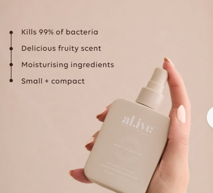 Our Hand & Surface Sanitiser is back, now presented in our signature natural stone colourway.
While the packaging has been refreshed to complement the wider al.ive body collection, the trusted formula inside remains exactly the same.
Designed for everyday use, the dual-purpose formula effectively sanitises both hands and hard surfaces. Formulated with 77% v/v ethanol, it kills 99.9% of bacteria* while drying quickly with no sticky residue. Enriched with moisturising ingredients.