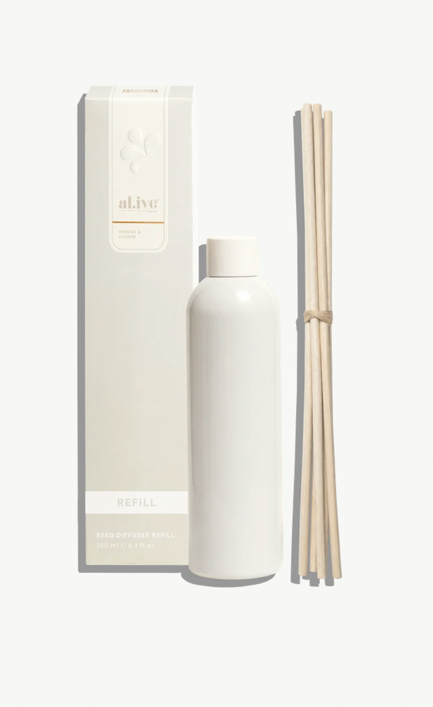 Continue enjoying the vibrant scent of Mango & Lychee with our Reed Diffuser Refill.
Designed to replenish your existing al.ive Reed Diffuser, each refill includes five replacement reeds to help maintain a beautiful, continuous fragrance experience throughout your home.
Juicy mango and lychee are layered with passionfruit and sweet orange before delicate florals unfold into soft vanilla and musk, creating a bright, tropical fragrance that brings warmth and energy to everyday spaces.