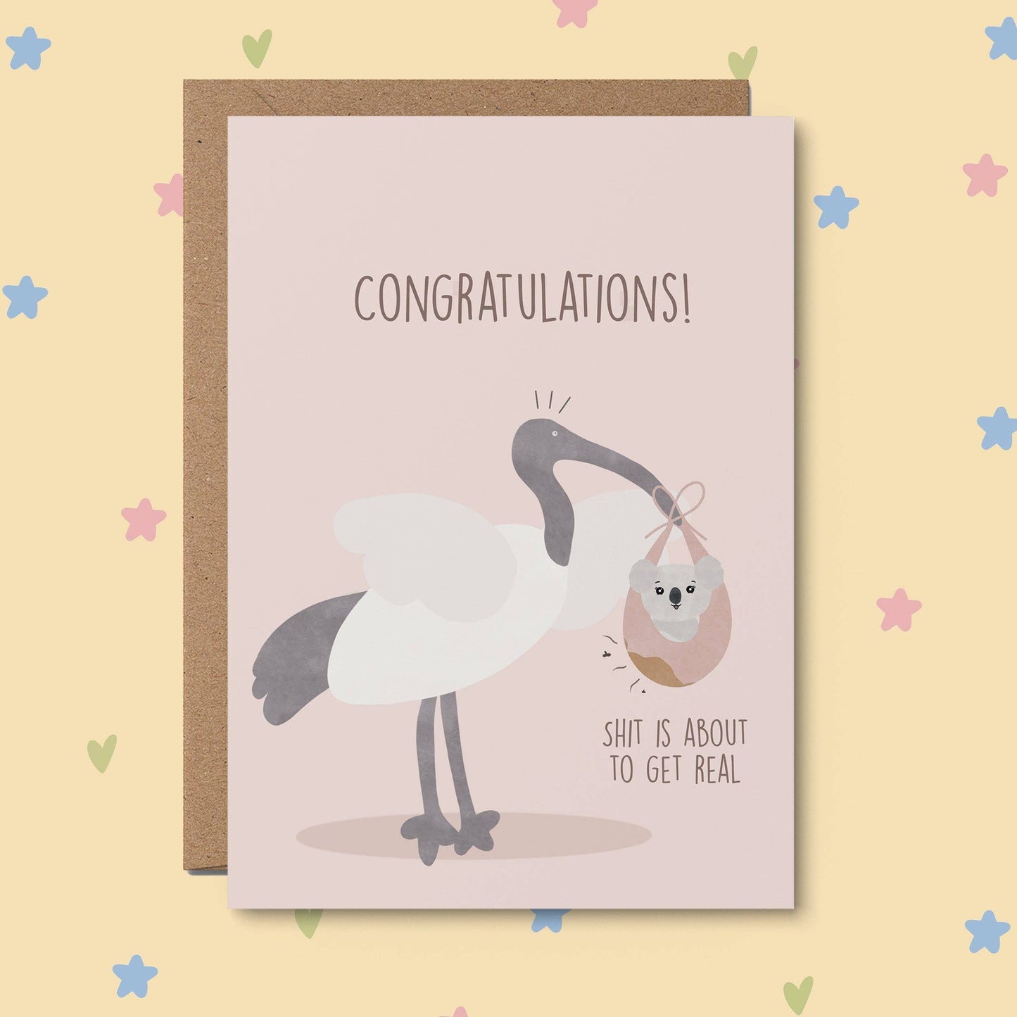 Sh**s about to get real: Funny baby shower card pink