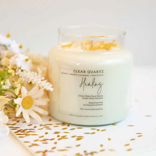 An irresistibly fresh and delicate scent. This refreshing scent is made with Clear Quartz and Camomile flowers to cleanse any living space and promote a sense of calm.
CLEAR QUARTZ
Clarity | Energy cleansing | Creativity
Citrus, White Floral, Woods, Vanilla, Musk, Patchouli
Natural soy wax and essentials oil blend
100 + hours of burning time