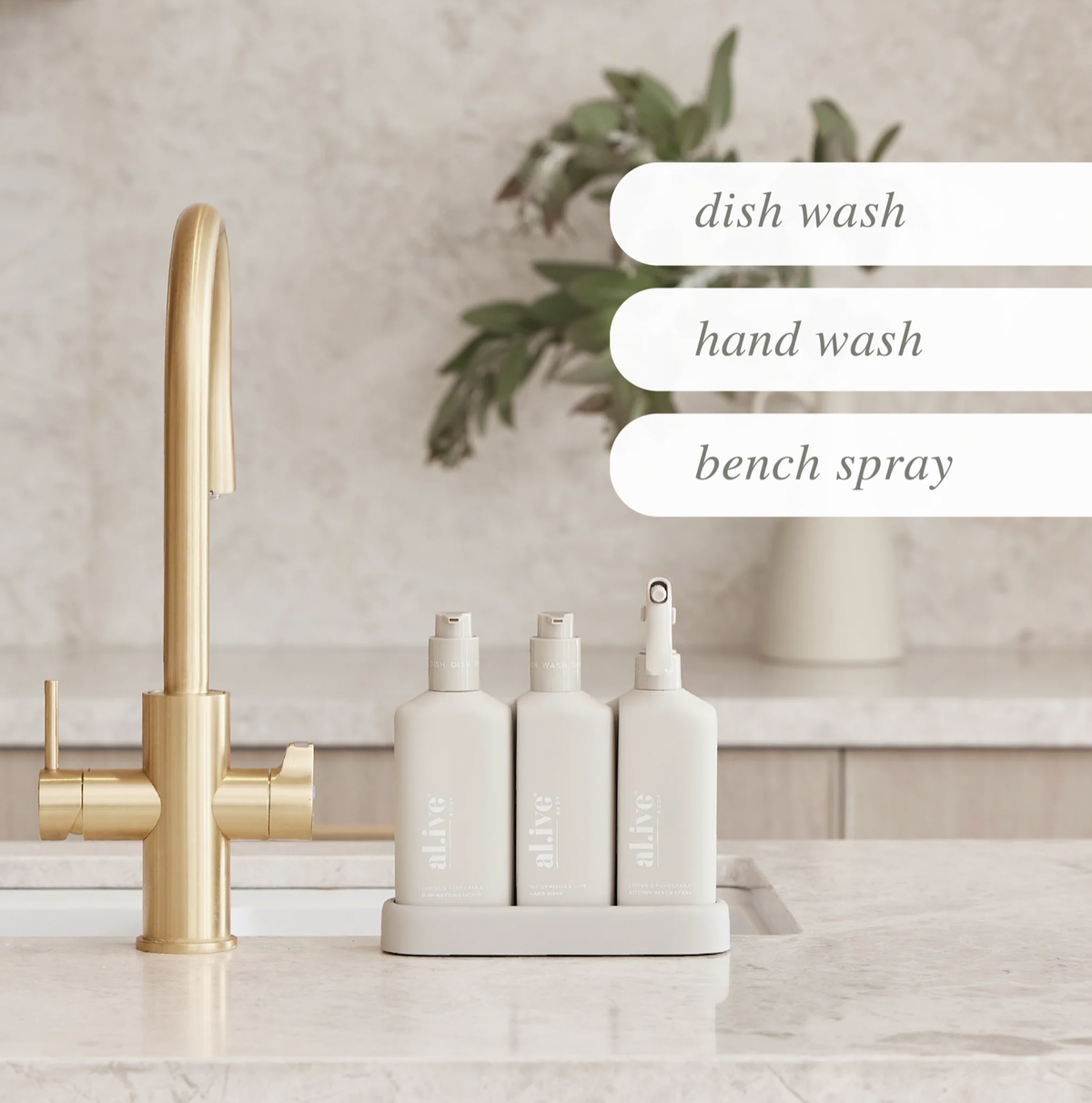 The Kitchen Trio in the stone colourway is your all in one kitchen cleaning solution, featuring Dishwashing Liquid, Bench Spray, and Hand Wash. It brings both style and practicality to your counter with its subtle stone colourway and cohesive design that adds a refined touch to any kitchen space.
The Dishwashing Liquid tackles tough grease with ease, the Bench Spray leaves countertops and stovetops streak-free, and the Hand Wash, featuring Aloe Vera Juice, gently hydrates and cleanses the hands.