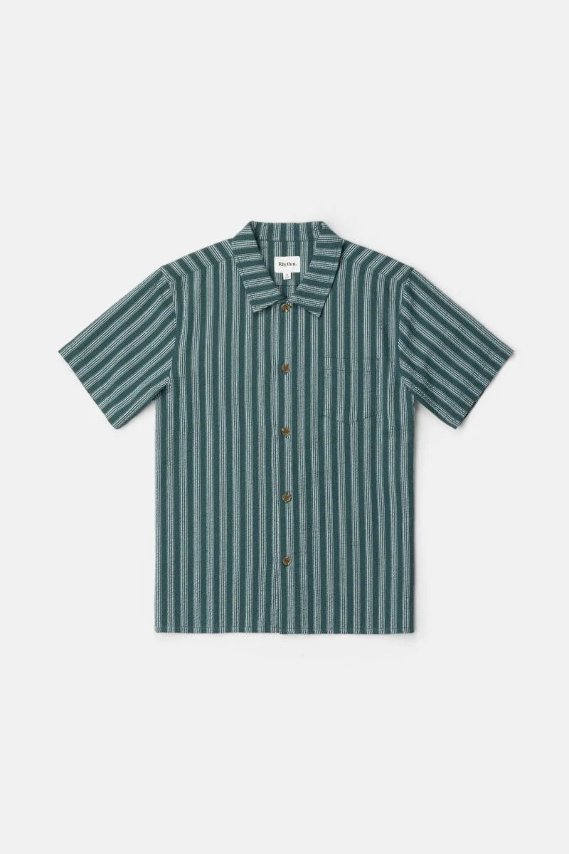 The Eli Stripe SS Shirt in Teal offers classic design with a modern twist. Featuring a one-piece collar, button-front closure, and a chest pocket, this shirt’s straight hem makes it an easy-wearing staple for warmer days.