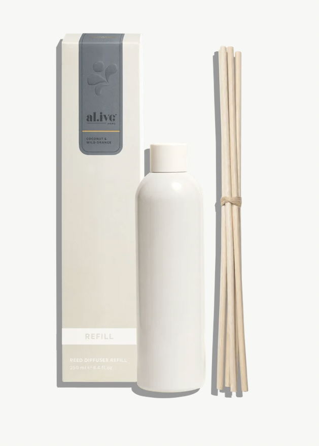 The Reed Diffuser Refill in Coconut & Wild Orange keeps your existing al.ive Reed Diffuser going, without replacing the vessel.

Replenishes your existing diffuser. Designed to refill the al.ive Reed Diffuser vessel.
Includes five replacement reeds. Rotate weekly, or as needed, to refresh the fragrance.
Finished in Coconut & Wild Orange. A vibrant blend of creamy coconut, wild orange and warm vanilla, bright, comforting and effortlessly inviting, reminiscent of sun-warmed days 