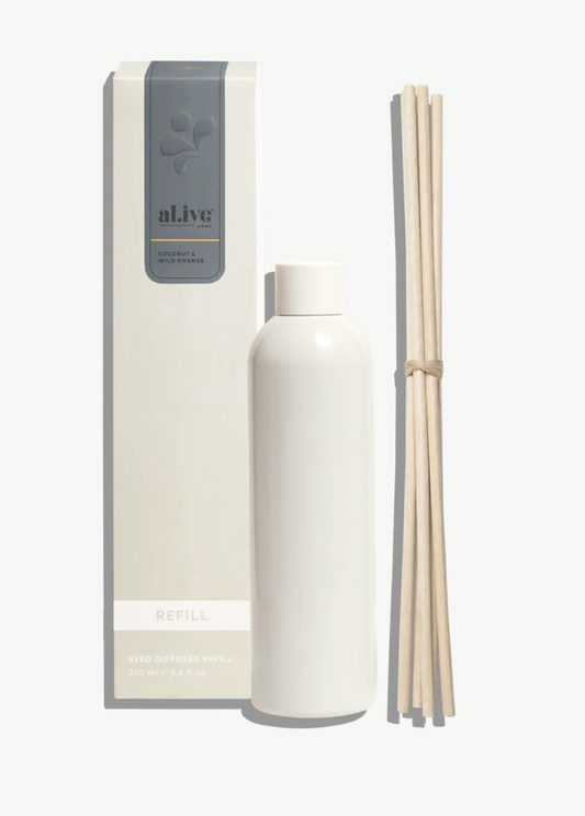 The Reed Diffuser Refill in Coconut & Wild Orange keeps your existing al.ive Reed Diffuser going, without replacing the vessel.

Replenishes your existing diffuser. Designed to refill the al.ive Reed Diffuser vessel.
Includes five replacement reeds. Rotate weekly, or as needed, to refresh the fragrance.
Finished in Coconut & Wild Orange. A vibrant blend of creamy coconut, wild orange and warm vanilla, bright, comforting and effortlessly inviting, reminiscent of sun-warmed days 
