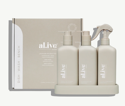 The Kitchen Trio in the stone colourway is your all in one kitchen cleaning solution, featuring Dishwashing Liquid, Bench Spray, and Hand Wash. It brings both style and practicality to your counter with its subtle stone colourway and cohesive design that adds a refined touch to any kitchen space.

The Dishwashing Liquid tackles tough grease with ease, the Bench Spray leaves countertops and stovetops streak-free, and the Hand Wash, featuring Aloe Vera Juice, gently hydrates and cleanses the hands. 