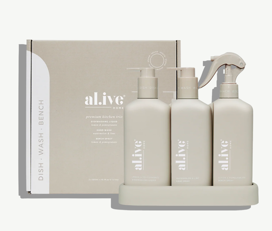 The Kitchen Trio in the stone colourway is your all in one kitchen cleaning solution, featuring Dishwashing Liquid, Bench Spray, and Hand Wash. It brings both style and practicality to your counter with its subtle stone colourway and cohesive design that adds a refined touch to any kitchen space.

The Dishwashing Liquid tackles tough grease with ease, the Bench Spray leaves countertops and stovetops streak-free, and the Hand Wash, featuring Aloe Vera Juice, gently hydrates and cleanses the hands. 
