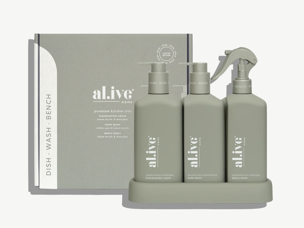 The Kitchen Trio is your all-in-one kitchen cleaning solution, featuring Dishwashing Liquid, Bench Spray and Hand Wash in a limited release colourway designed to bring both style and practicality to the kitchen.

The Dishwashing Liquid tackles tough grease with ease, the Bench Spray leaves surfaces streak-free, and the Hand Wash gently cleanses and refreshes the hands.

Featuring a Willow Gum & Lemon Myrtle Hand Wash alongside Lemon Myrtle & Honeydew Dishwashing Liquid and Bench Spray. 