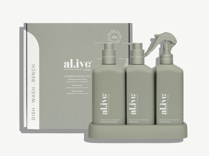 The Kitchen Trio is your all-in-one kitchen cleaning solution, featuring Dishwashing Liquid, Bench Spray and Hand Wash in a limited release colourway designed to bring both style and practicality to the kitchen.

The Dishwashing Liquid tackles tough grease with ease, the Bench Spray leaves surfaces streak-free, and the Hand Wash gently cleanses and refreshes the hands.

Featuring a Willow Gum & Lemon Myrtle Hand Wash alongside Lemon Myrtle & Honeydew Dishwashing Liquid and Bench Spray. 