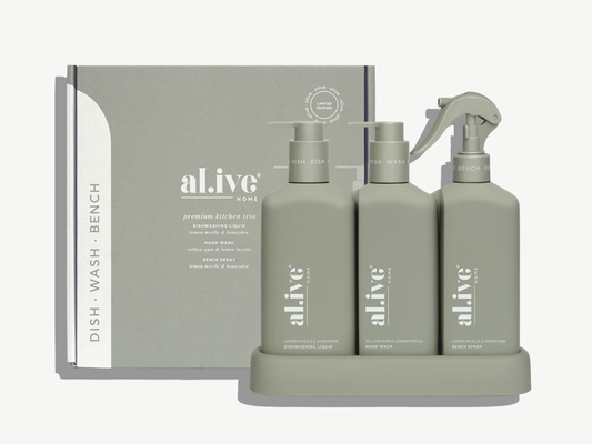 The Kitchen Trio is your all-in-one kitchen cleaning solution, featuring Dishwashing Liquid, Bench Spray and Hand Wash in a limited release colourway designed to bring both style and practicality to the kitchen.

The Dishwashing Liquid tackles tough grease with ease, the Bench Spray leaves surfaces streak-free, and the Hand Wash gently cleanses and refreshes the hands.

Featuring a Willow Gum & Lemon Myrtle Hand Wash alongside Lemon Myrtle & Honeydew Dishwashing Liquid and Bench Spray. 