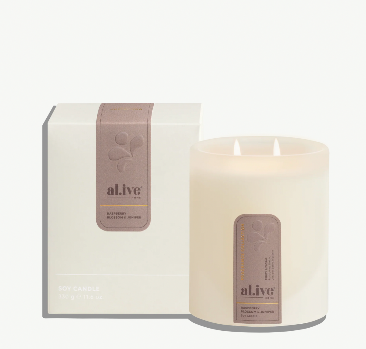 Alive

The Soy Candle in Raspberry Blossom & Juniper brings a light, refined scent into the home, designed to create a fresh and considered atmosphere in any space.

Hand-poured in Australia using a natural soy and coconut wax blend with a cotton wick, it delivers a clean, even burn for up to 70 hours. The fragrance opens with juicy raspberry and soft melon, balanced by crisp juniper and delicate blossom for a scent that feels fresh, airy and softly floral.
Presented in a frosted glass vessel, the candle pa