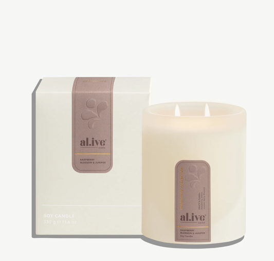 Alive

The Soy Candle in Raspberry Blossom & Juniper brings a light, refined scent into the home, designed to create a fresh and considered atmosphere in any space.

Hand-poured in Australia using a natural soy and coconut wax blend with a cotton wick, it delivers a clean, even burn for up to 70 hours. The fragrance opens with juicy raspberry and soft melon, balanced by crisp juniper and delicate blossom for a scent that feels fresh, airy and softly floral.
Presented in a frosted glass vessel, the candle pa