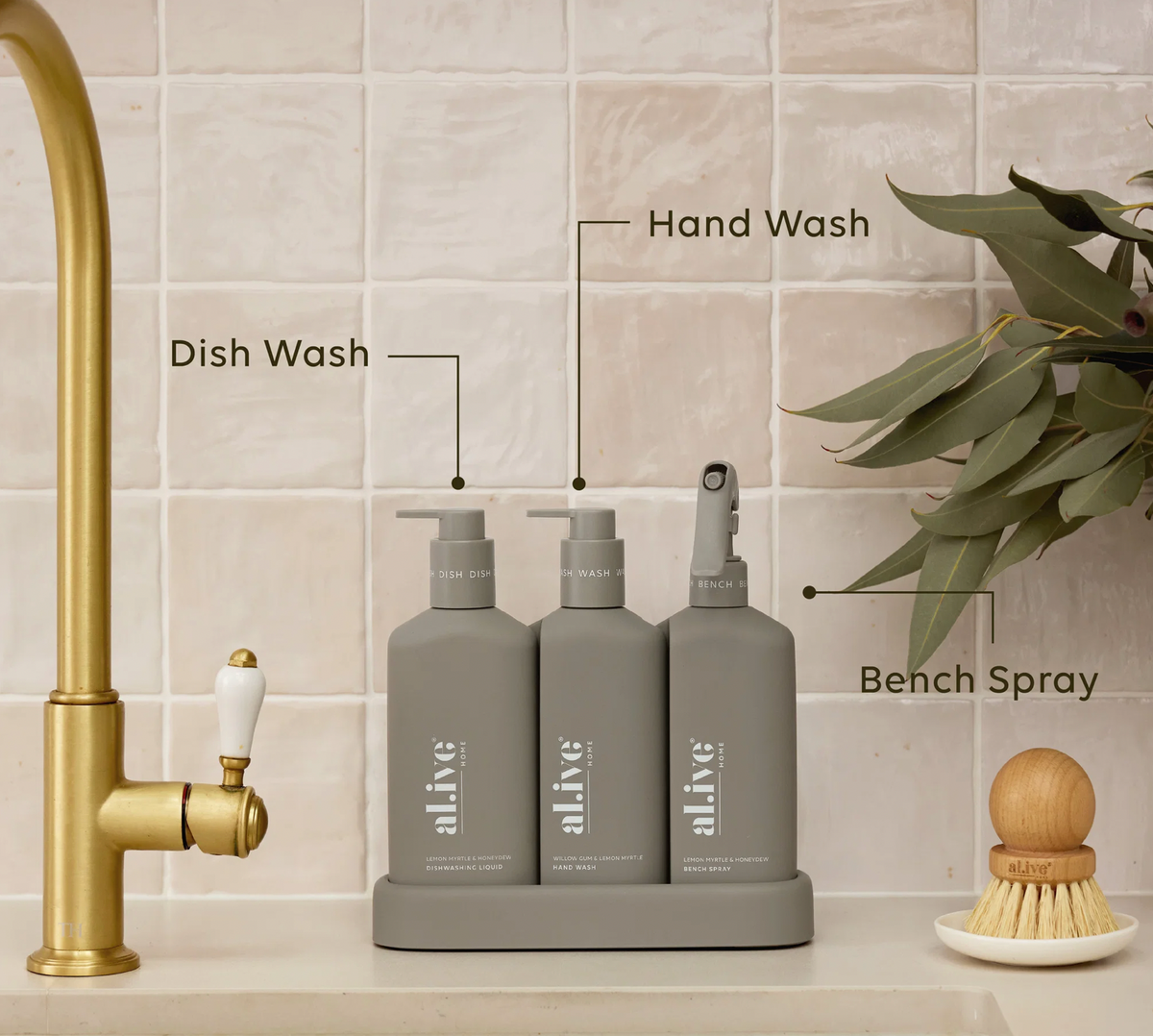 The Kitchen Trio is your all-in-one kitchen cleaning solution, featuring Dishwashing Liquid, Bench Spray and Hand Wash in a limited release colourway designed to bring both style and practicality to the kitchen.

The Dishwashing Liquid tackles tough grease with ease, the Bench Spray leaves surfaces streak-free, and the Hand Wash gently cleanses and refreshes the hands.

Featuring a Willow Gum & Lemon Myrtle Hand Wash alongside Lemon Myrtle & Honeydew Dishwashing Liquid and Bench Spray. 