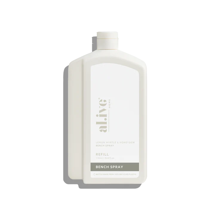 Refill your Lemon Myrtle &amp; Honeydew Kitchen Bench Spray bottle with our 1 L Kitchen Bench Spray Refill. This sustainable refill solution is designed to reduce waste and offer a practical, eco-friendly way to top up your favourite al.ive body essential.