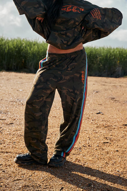 YOU HAVE ALWAYS BEEN ENOUGH!


Stand out in our 100% cotton camo trackpants.
A relaxed fit barrel leg pant with a drawstring waist, two side pockets and woven taped down both leg. These pants gonna get you through the colder months in style.