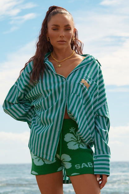 Sabbi - Easy, breezy, and made to be worn your way. The Don Julio Shirt in Green Stripe is your go-to oversized button-up with effortless coastal attitude. Designed in a lightweight, breathable fabric, it drapes beautifully for that relaxed, just-threw-it-on feel.
