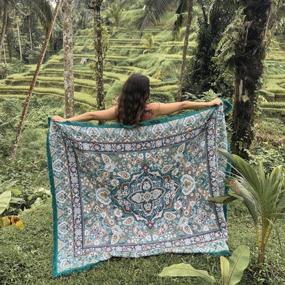 Luna Picnic Rug - Isla


Luna has alluring bohemian details we know you’ll love with a colour palette that depicts natures striking tones, cast across a teal green canvas.

- Made with 100% cotton

- One-colour tassel trim around the rug

- Extra large picnic rug - approx 202 x 160cm which comfortably fits 4 people

- Pictures show the length of the picnic rug being used across the width of a queen bed and it can also be draped across a king bed