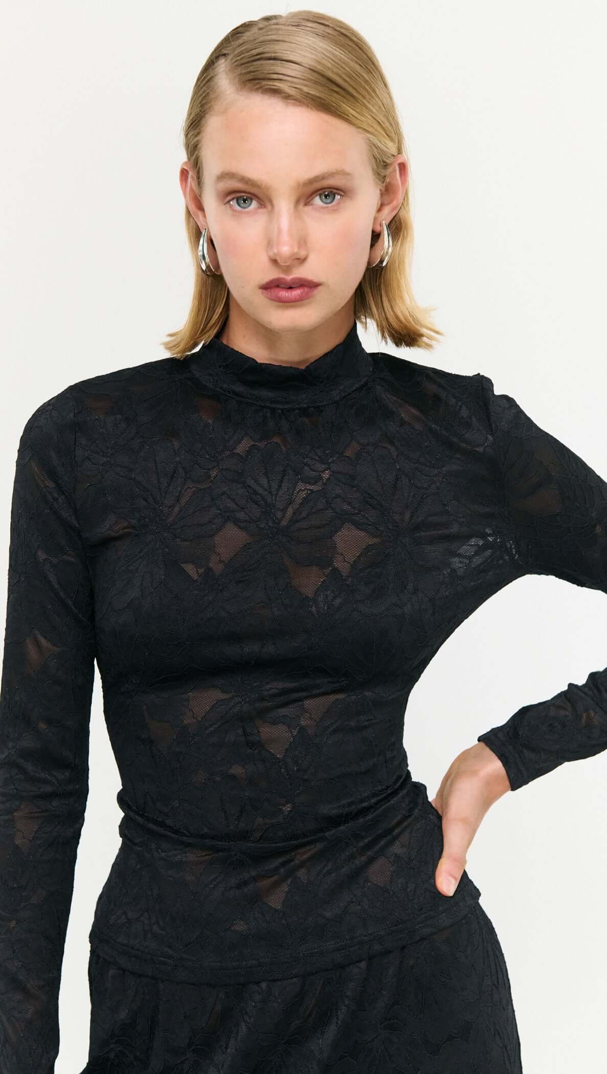 The Black Sheer Lace Long Sleeve Top offers a refined take on elevated layering.