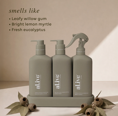 The Kitchen Trio is your all-in-one kitchen cleaning solution, featuring Dishwashing Liquid, Bench Spray and Hand Wash in a limited release colourway designed to bring both style and practicality to the kitchen.

The Dishwashing Liquid tackles tough grease with ease, the Bench Spray leaves surfaces streak-free, and the Hand Wash gently cleanses and refreshes the hands.

Featuring a Willow Gum & Lemon Myrtle Hand Wash alongside Lemon Myrtle & Honeydew Dishwashing Liquid and Bench Spray. 