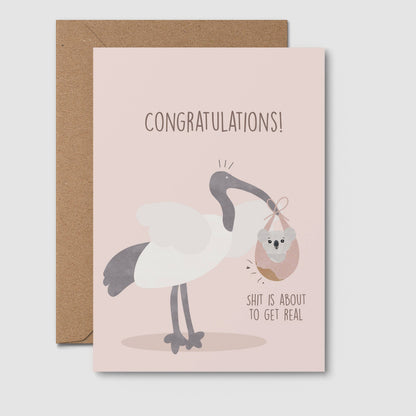 Sh**s about to get real: Funny baby shower card pink