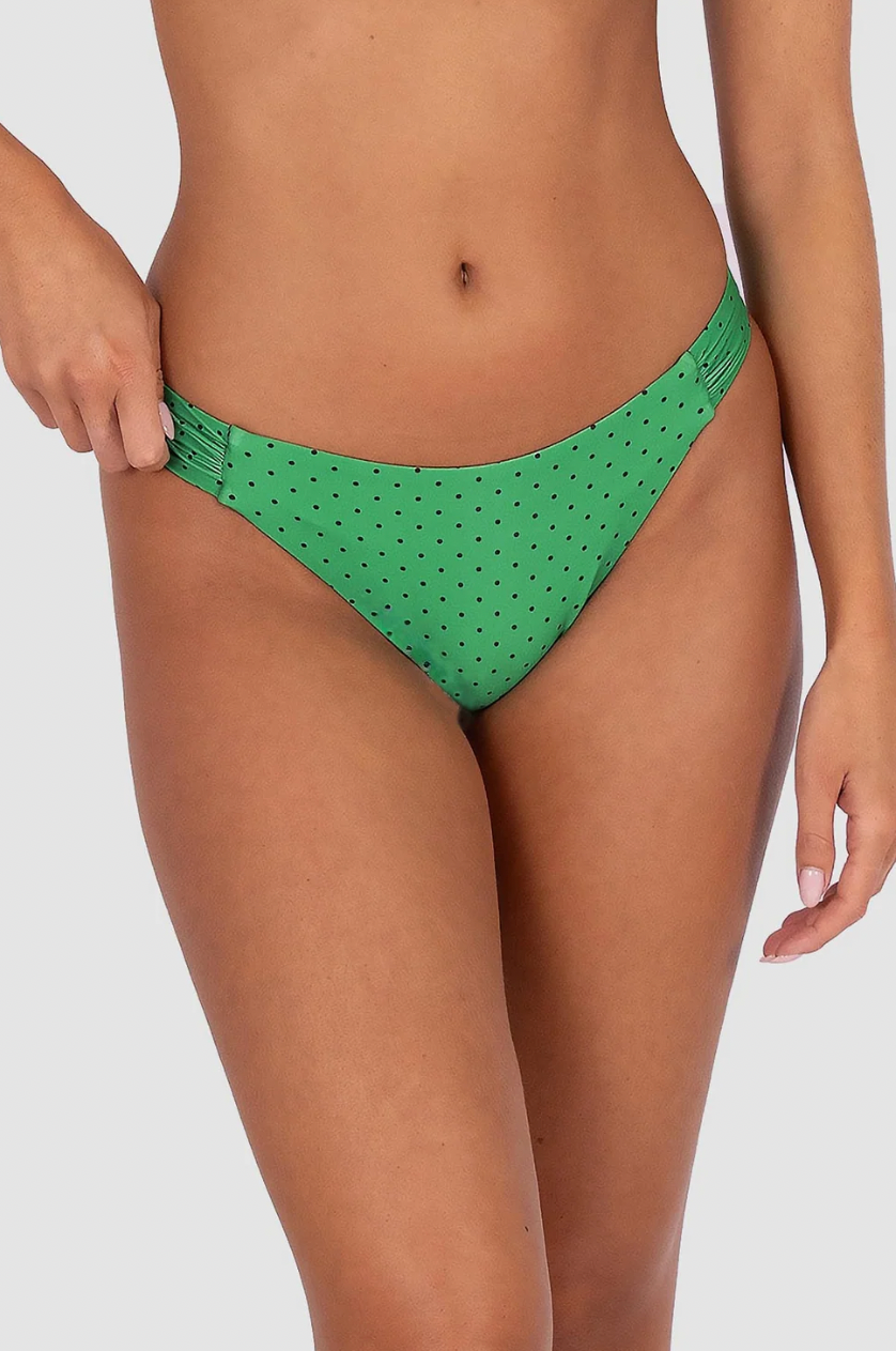 Baku Swimwear 

Sundancer's playful polka dot print brings sun-drenched energy to this retro-inspired bottom — fun, flirty and made for long days by the water.

Cheeky coverage with a flattering retro-inspired cut
Soft ruched sides for a feminine, figure-flattering finish
Fabric Composition: 86% Polyamide, 14% Elastane | Developed in Italy | Designed & Made in Australia