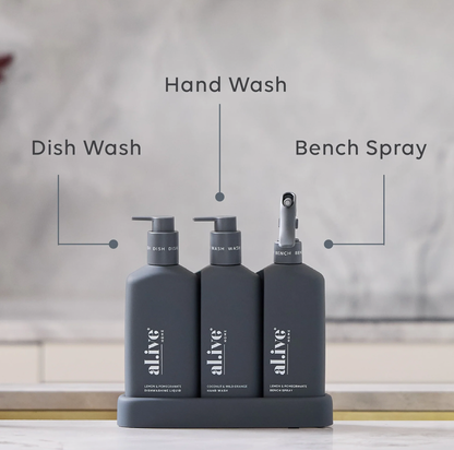 The Kitchen Trio in Midnight Blue is your all-in-one kitchen cleaning solution, featuring Dishwashing Liquid, Bench Spray and Hand Wash in our signature interlocking bottles. Originally a limited edition, this best-selling Trio is now a permanent part of our range.

The Dishwashing Liquid cuts through grease and grime with ease, the Bench Spray leaves surfaces streak-free and gleaming, and the Hand Wash gently cleanses while keeping hands soft and hydrated. 
