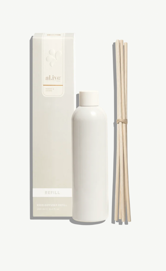Continue enjoying the vibrant scent of Mango & Lychee with our Reed Diffuser Refill.

Designed to replenish your existing al.ive Reed Diffuser, each refill includes five replacement reeds to help maintain a beautiful, continuous fragrance experience throughout your home.

Juicy mango and lychee are layered with passionfruit and sweet orange before delicate florals unfold into soft vanilla and musk, creating a bright, tropical fragrance that brings warmth and energy to everyday spaces.

