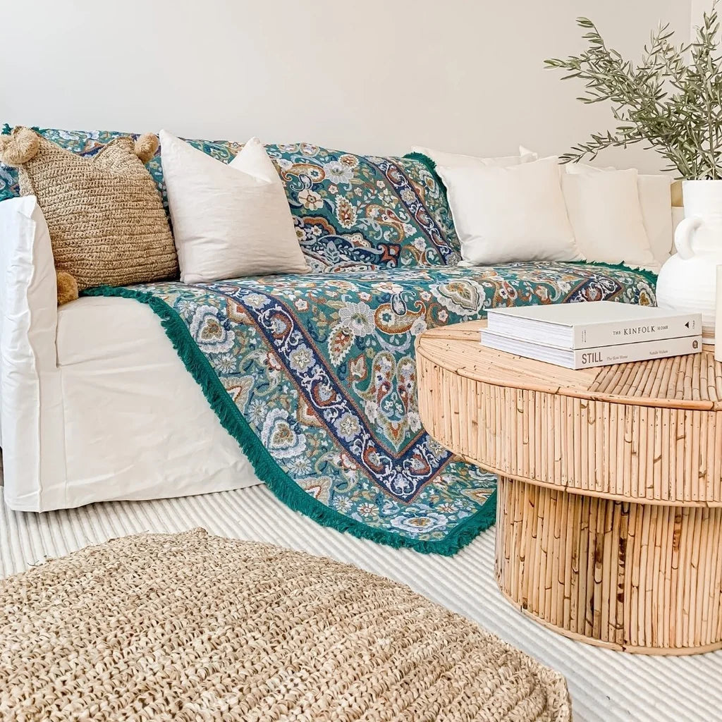 Luna Picnic Rug - Isla


Luna has alluring bohemian details we know you’ll love with a colour palette that depicts natures striking tones, cast across a teal green canvas.

- Made with 100% cotton

- One-colour tassel trim around the rug

- Extra large picnic rug - approx 202 x 160cm which comfortably fits 4 people

- Pictures show the length of the picnic rug being used across the width of a queen bed and it can also be draped across a king bed