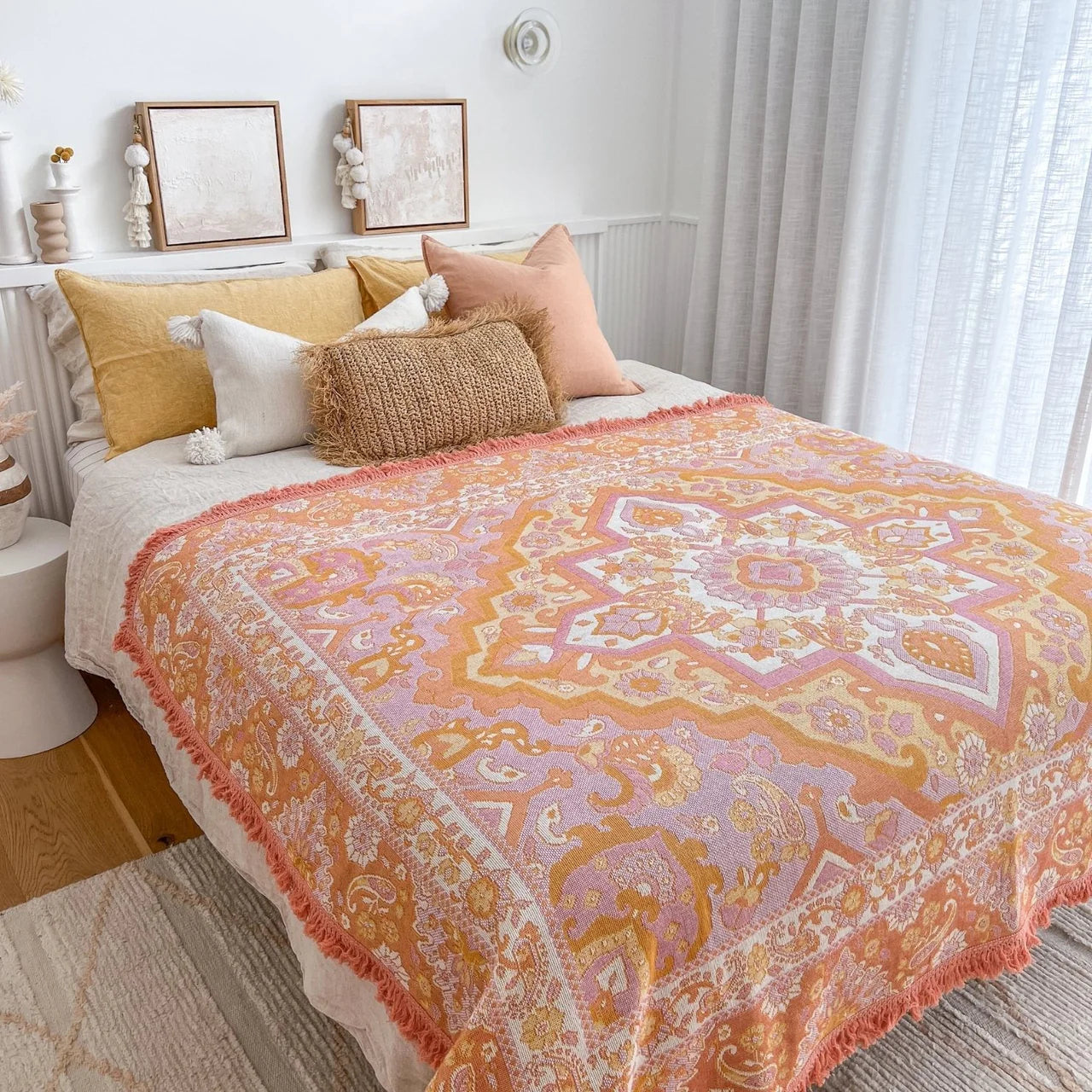 Sundown Picnic Rug - Isla
Created with only the dreamiest sunset hues, Sundown is reminiscent of all of your favourite holiday moments. Endless beach days, the smell of coconut sunscreen, balmy afternoons, ocean swims and sunset picnics with the girls sipping on your favourite fruit cocktail. Created to give you good summer vibes with hues of coral, pinks, yellow, orange and cream.

- Made with 100% cotton 

- One colour tassel trim around the rug

- Extra large picnic rug - approx 190 x 160cm 