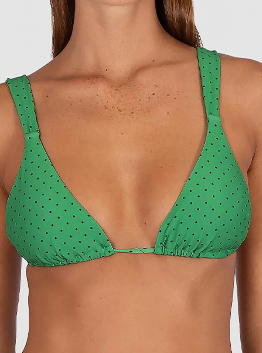 Baku Swimwear 

Sundancer's playful polka dot print brings sun-drenched energy to this retro triangle top — light, fun and endlessly wearable.

Retro strap detail for a vintage-inspired, fashion-forward finish
Soft removable cups for contouring and shaping
Adjustable, convertible straps — wear as a halter or over the shoulder
Soft tie back for an adjustable, personalised fit
Fabric Composition: 86% Polyamide, 14% Elastane | Developed in Italy | Designed & Made in Australia