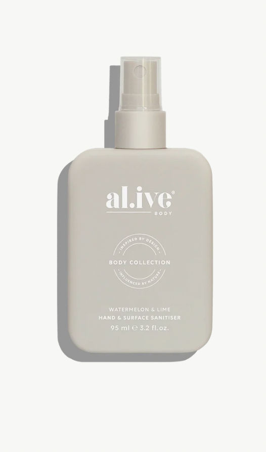 Our Hand & Surface Sanitiser is back, now presented in our signature natural stone colourway.

While the packaging has been refreshed to complement the wider al.ive body collection, the trusted formula inside remains exactly the same.

Designed for everyday use, the dual-purpose formula effectively sanitises both hands and hard surfaces. Formulated with 77% v/v ethanol, it kills 99.9% of bacteria* while drying quickly with no sticky residue. Enriched with moisturising ingredients