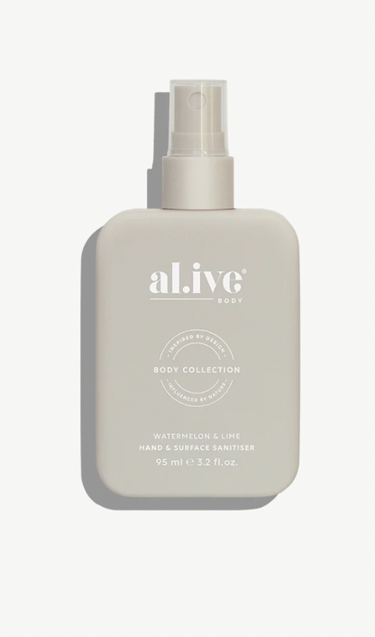 Our Hand & Surface Sanitiser is back, now presented in our signature natural stone colourway.

While the packaging has been refreshed to complement the wider al.ive body collection, the trusted formula inside remains exactly the same.

Designed for everyday use, the dual-purpose formula effectively sanitises both hands and hard surfaces. Formulated with 77% v/v ethanol, it kills 99.9% of bacteria* while drying quickly with no sticky residue. Enriched with moisturising ingredients
