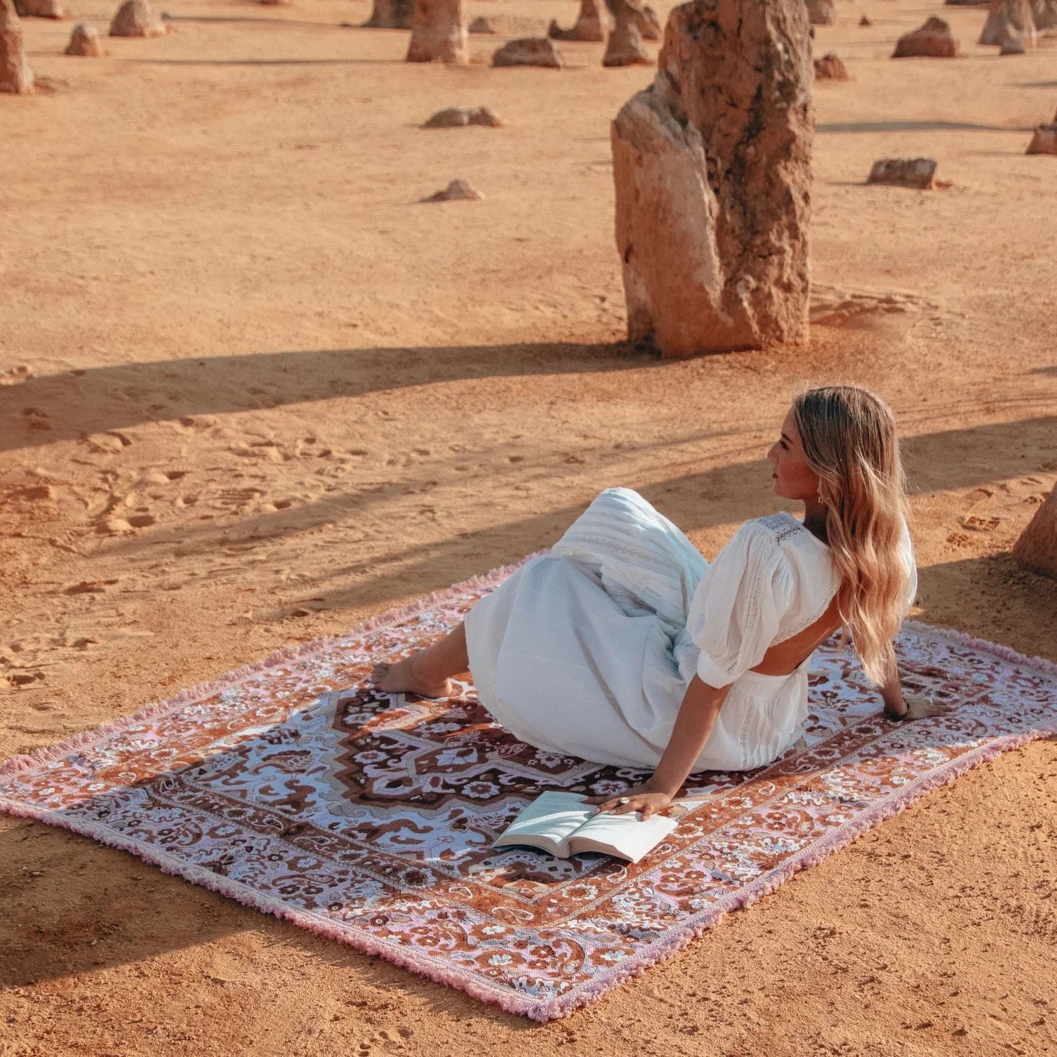 Desert Rose Picnic Rug - Isla  

Created for the adventurer who loves to explore in style, Desert Rose picnic rug is an ode to weekends of sunshine and is destined for sunset picnics with friends, long beach days and weekend road trips. This bold, bohemian design was made for making memories with the ones you love the most.

- Made with 100% cotton 

- One colour tassel trim around the rug

- Extra large picnic rug - approx 190 x 160cm which comfortably fits 4 people