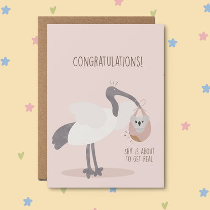 Sh**s about to get real: Funny baby shower card pink