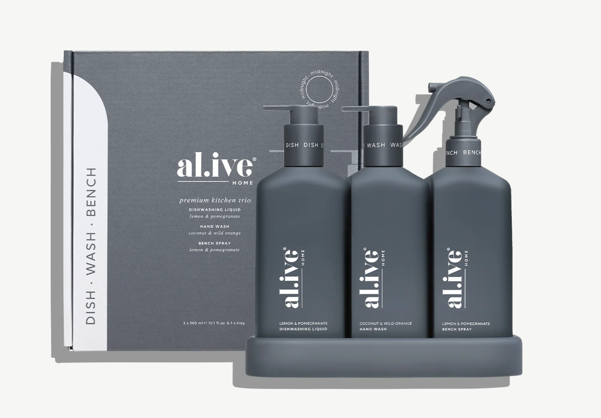 The Kitchen Trio in Midnight Blue is your all-in-one kitchen cleaning solution, featuring Dishwashing Liquid, Bench Spray and Hand Wash in our signature interlocking bottles. Originally a limited edition, this best-selling Trio is now a permanent part of our range.

The Dishwashing Liquid cuts through grease and grime with ease, the Bench Spray leaves surfaces streak-free and gleaming, and the Hand Wash gently cleanses while keeping hands soft and hydrated. 