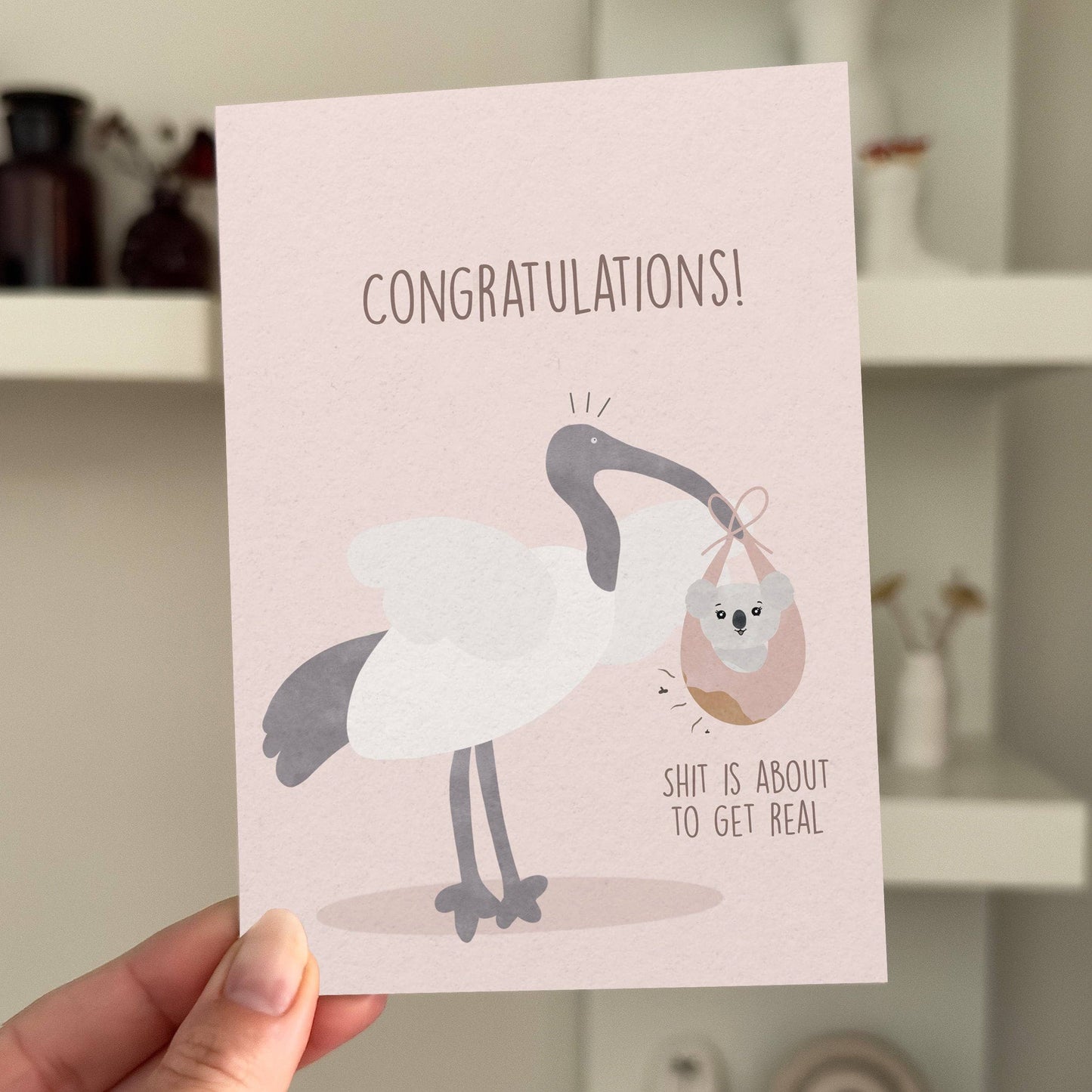 Sh**s about to get real: Funny baby shower card pink