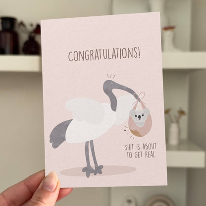 Sh**s about to get real: Funny baby shower card pink