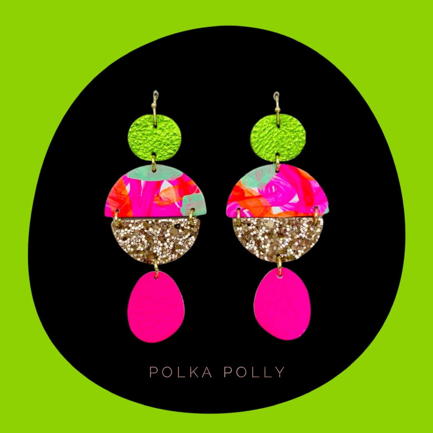Hand painted beads in pinks, orange and mint. Paired with metallic citrus green, light gold&nbsp;glitter and neon pink genuine leather beads. Set on golden stainless steel hooks.

Light weight and comfortable to wear.

Each pairs pattern and colour placement will differ.