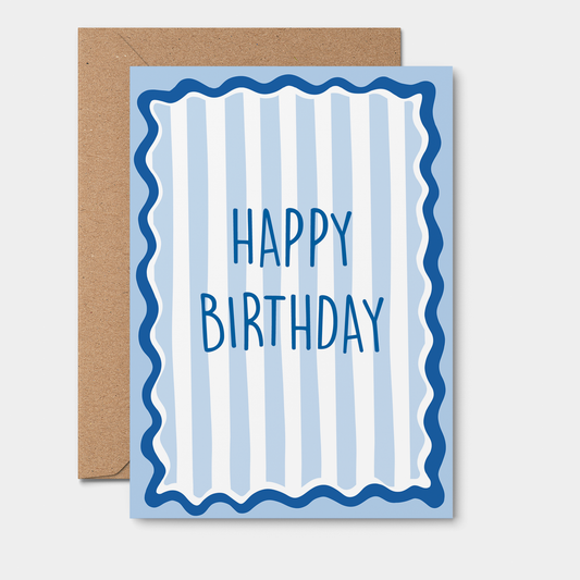 Happy Birthday GREETING CARD Blue Stripe and Wavy