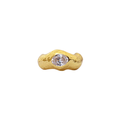 Introducing the Bleecker Ring, let's start by saying she is oh so chic and very cool! Boasting a chunky hammered texture band and a dazzling faceted White CZ in a seamless setting. The Bleecker Ring is fluid and more undone in comparison to our more structured cocktail ring styles which makes her an effortless styling accessory. The Bleecker has been designed to stack perfectly with the Billie Ring, though she is ever so striking all on her own. The Bleecker brings the edge without trying too hard...
