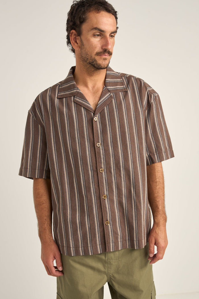 Rhythm Baja Relaxed Stripe Ss Shirt - CAFE LATTE — a shirt made for everyday wear and a laid-back coastal lifestyle.