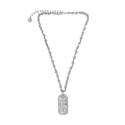 Understated and powerful, the Cypress Necklace in silver is a sculptural tribute to identity, elegance, and the enduring pull of the sea. Crafted with a thick, twisted rope-style chain, it features a modern pendant inspired by the shape of a traditional dog tag—reimagined with softened lines and a refined finish. At its center rests a luminous freshwater pearl, adding a touch of organic beauty.