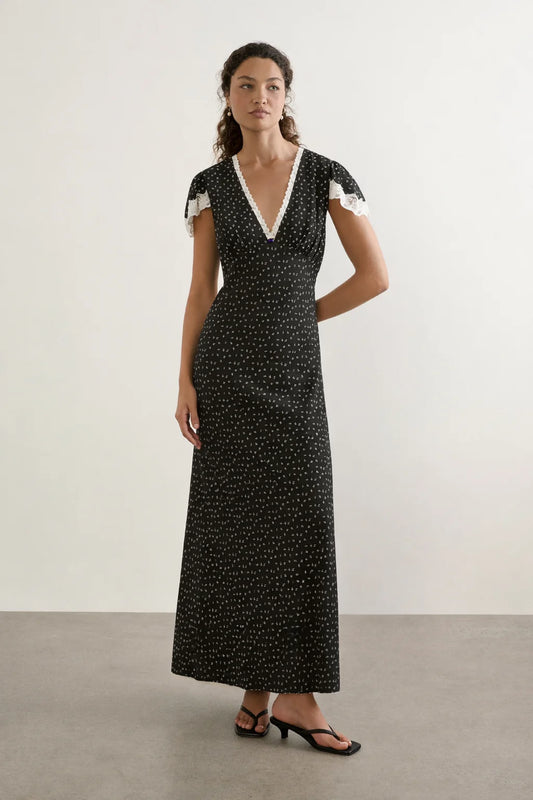 auguste the label black dress The Black Calais Maxi is here Crafted from luxe textured jacquard, this new arrival features a bias-cut silhouette that skims your curves to perfection, finished with a delicate lace-trimmed neckline. Because