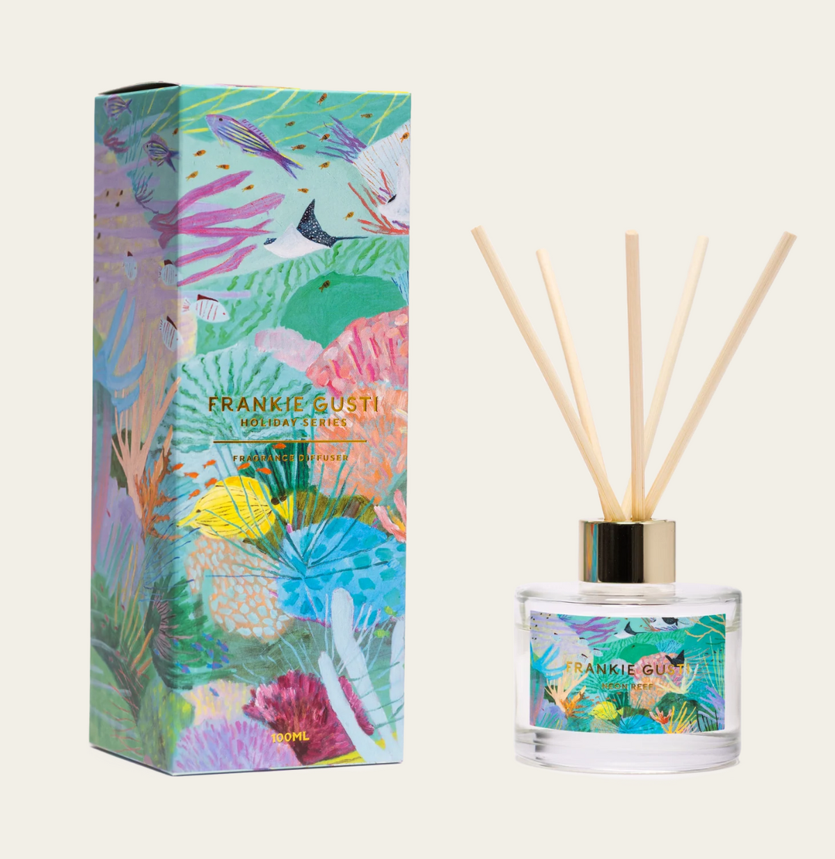 Frankie Gusti Holiday Series Neon Reef

A world alive with impossible colour. Sea glass tucked into sandy pockets, sunlight filtering through turquoise water and coral stretching endlessly below.

Notes 
Green Apple • Finger Lime • Cucumber
Honeydew • Jasmine • Orange Zest
Musk • Sea Salt • Amber

100ml
4-6 months use
Cruelty free + vegan
High quality fragrance oil 
Natural reeds
Hand poured in the Yarra Valley | Melbourne

Artwork by Janey Forbes- Underwater Love