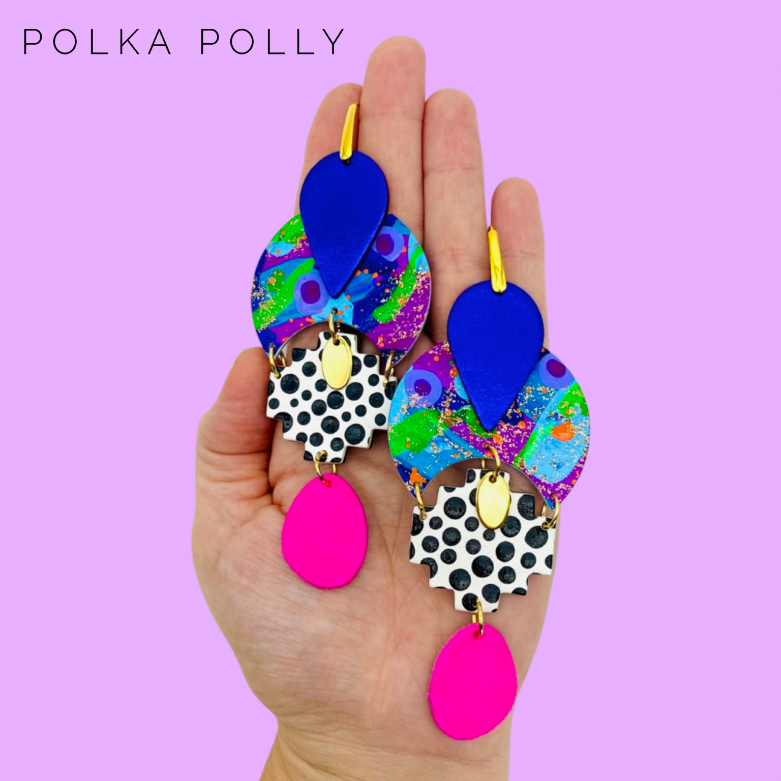 GODDESS ASTERIA 🌟

Release your inner GODDESS!

“ASTERIA was the Titan goddess of falling stars and perhaps of nighttime divinations such as oneiromancy (by dreams) and astrology (by stars). ”

BRIGHT, funky and totally unique handcrafted statement earrings. Each component is individually and lovingly handmade here at Polka Polly HQ.

Featuring hand painted leather beads mixed with a deep luxurious metallic purple Australian leather and vibrant hot pink suede with gold accents.

Set on gold toned stainless