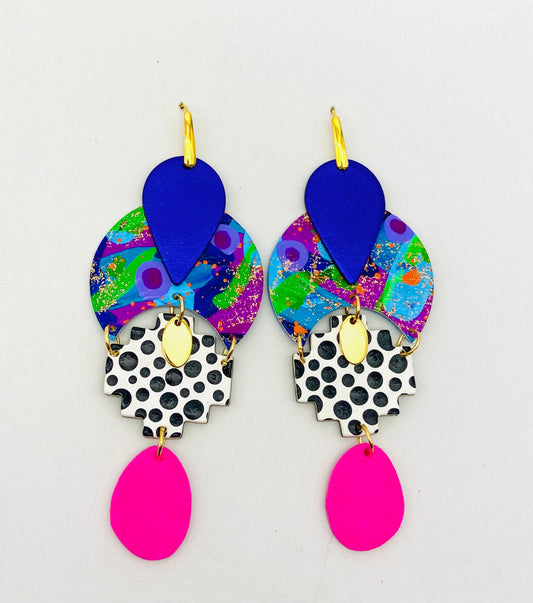 GODDESS ASTERIA 🌟

Release your inner GODDESS!

“ASTERIA was the Titan goddess of falling stars and perhaps of nighttime divinations such as oneiromancy (by dreams) and astrology (by stars). ”

BRIGHT, funky and totally unique handcrafted statement earrings. Each component is individually and lovingly handmade here at Polka Polly HQ.

Featuring hand painted leather beads mixed with a deep luxurious metallic purple Australian leather and vibrant hot pink suede with gold accents.

Set on gold toned stainless