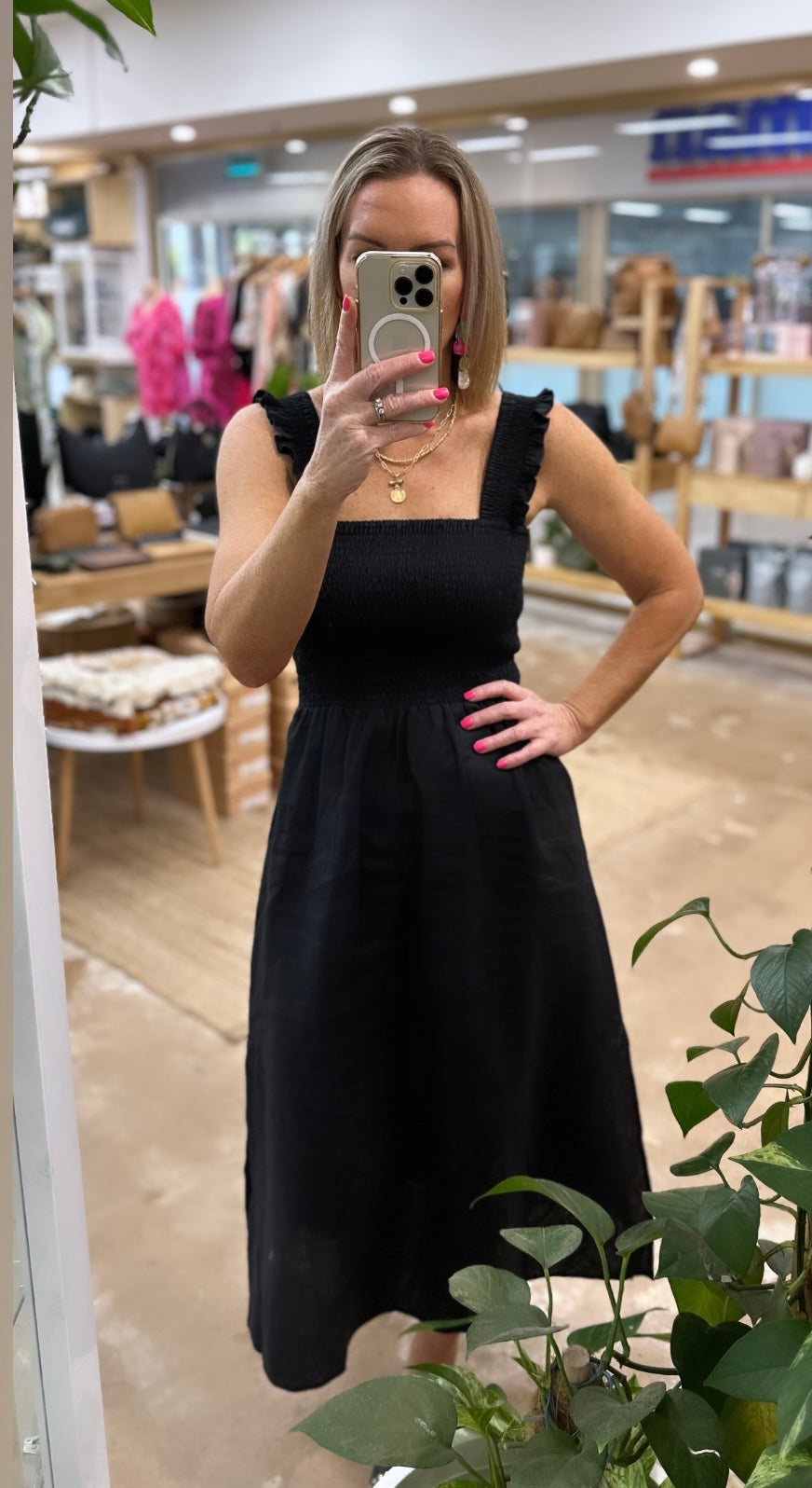 Goldie Dress by pops + Co is the perfect little black dress. Can be dressed up or down for any occasion. 100% linen, midi length, sheered bodest with thrill sleeve.