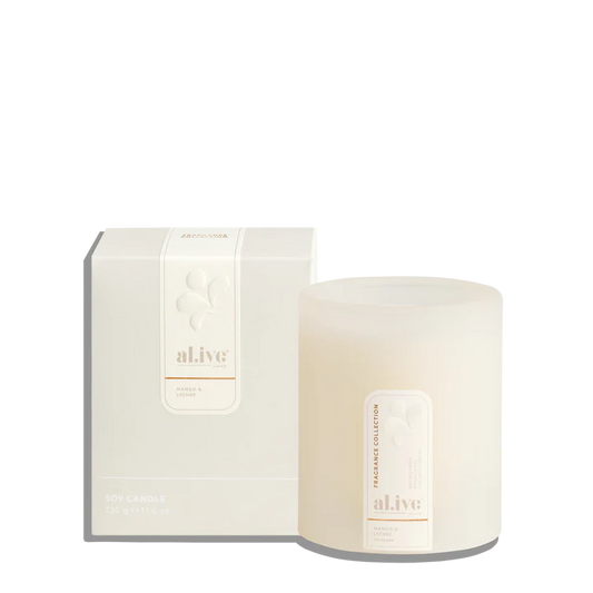al.ive body - An energising Soy Candle featuring sun-ripened mango and exotic lychee, softened by delicate jasmine and creamy vanilla. This vibrant tropical fragrance brings natural warmth to your space.